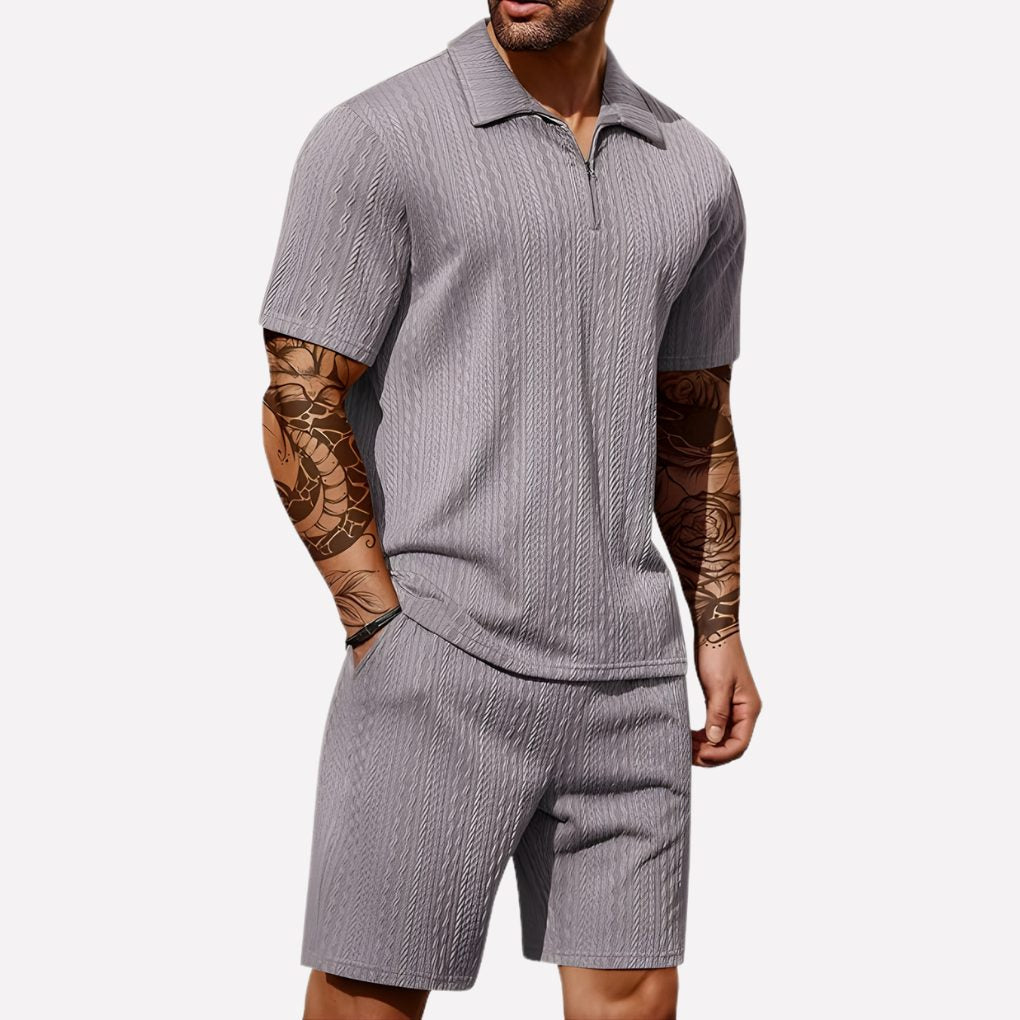 Wouter | Men's Ribbed Knit Half-Zip Polo Shirt and Shorts Set
