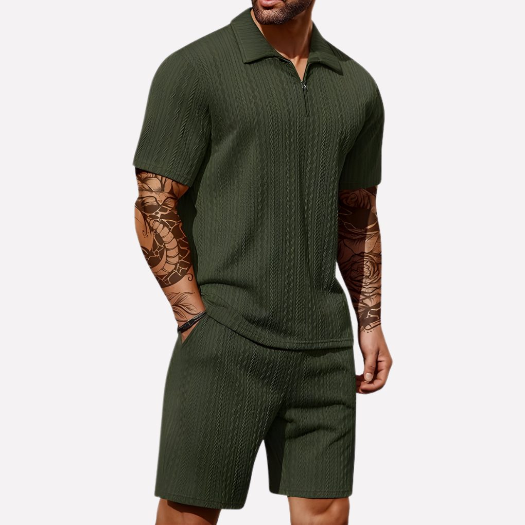 Wouter | Men's Ribbed Knit Half-Zip Polo Shirt and Shorts Set