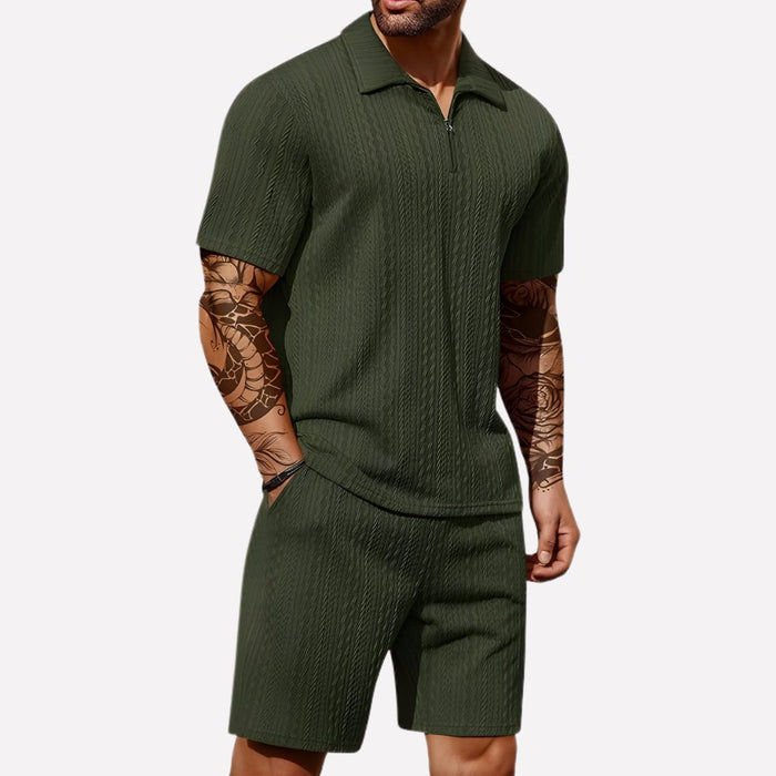 Wouter | Men's Ribbed Knit Half-Zip Polo Shirt and Shorts Set