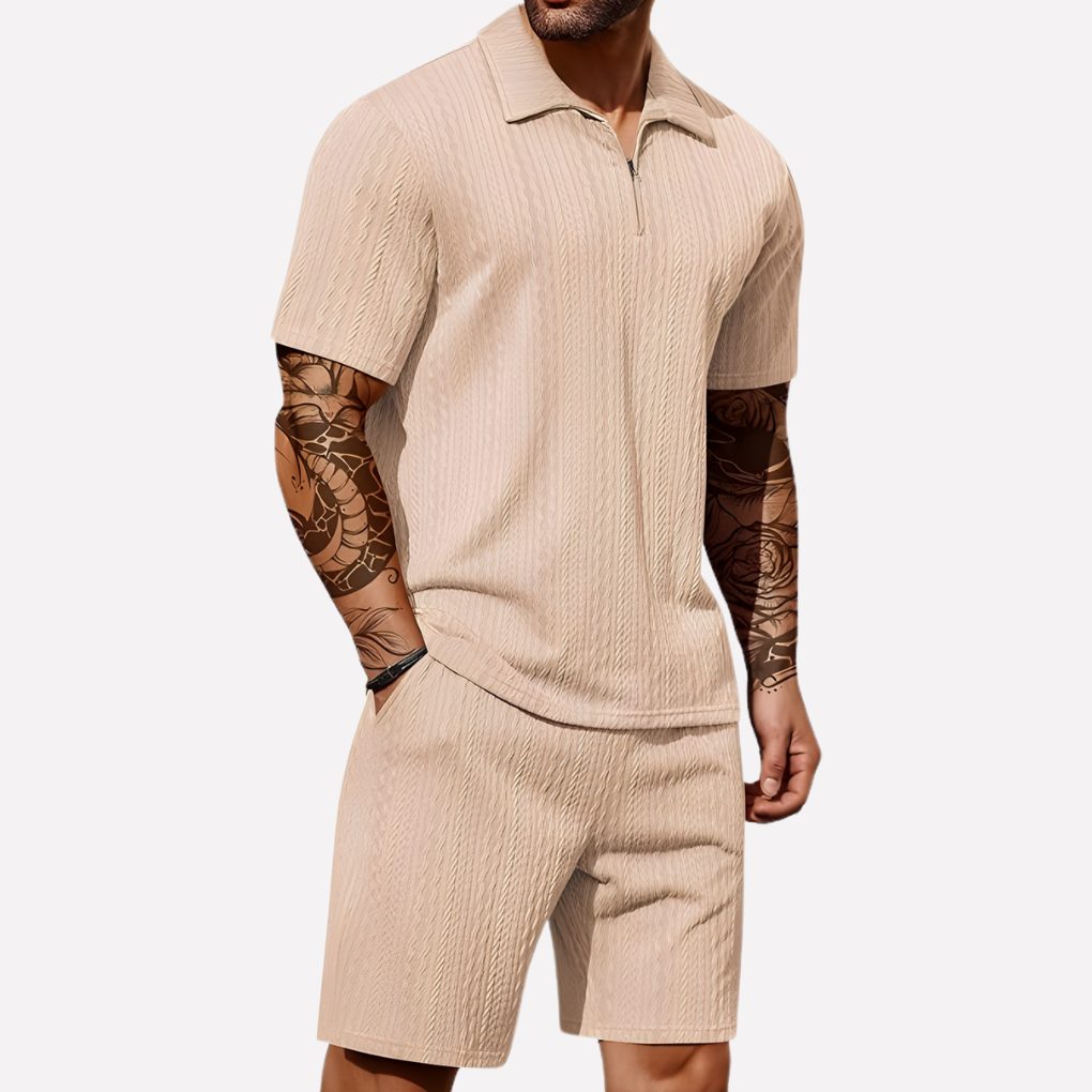 Wouter | Men's Ribbed Knit Half-Zip Polo Shirt and Shorts Set