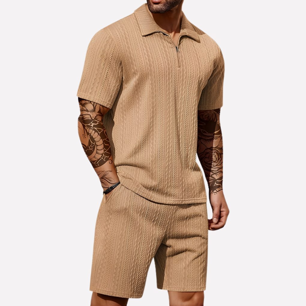 Wouter | Men's Ribbed Knit Half-Zip Polo Shirt and Shorts Set