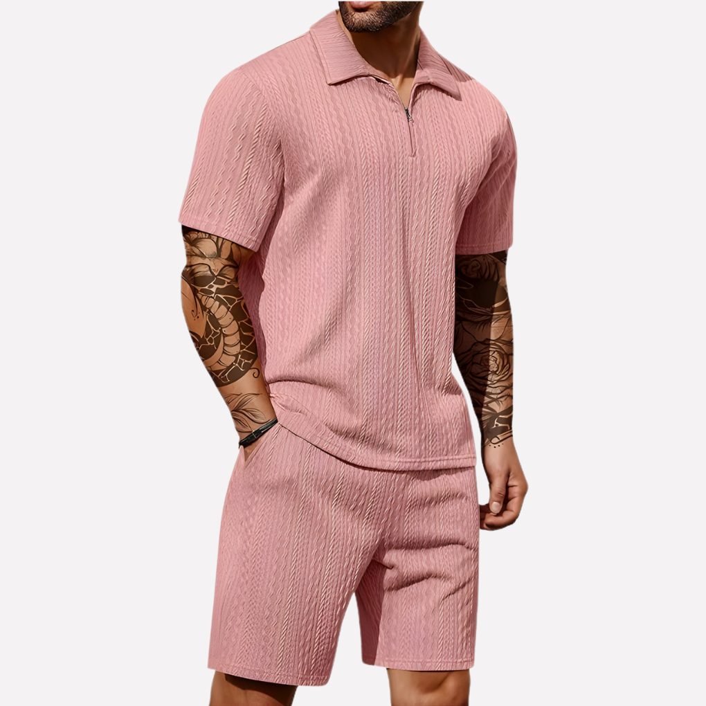 Wouter | Men's Ribbed Knit Half-Zip Polo Shirt and Shorts Set