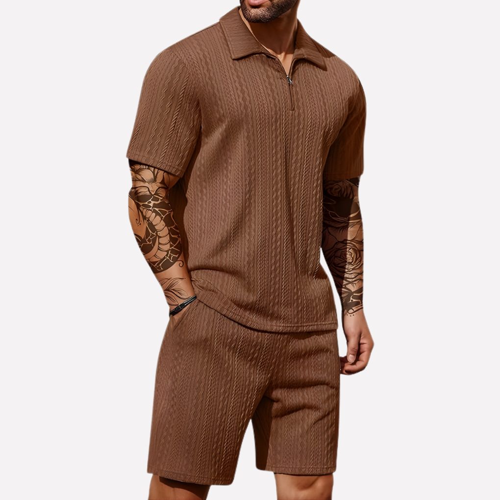 Wouter | Men's Ribbed Knit Half-Zip Polo Shirt and Shorts Set