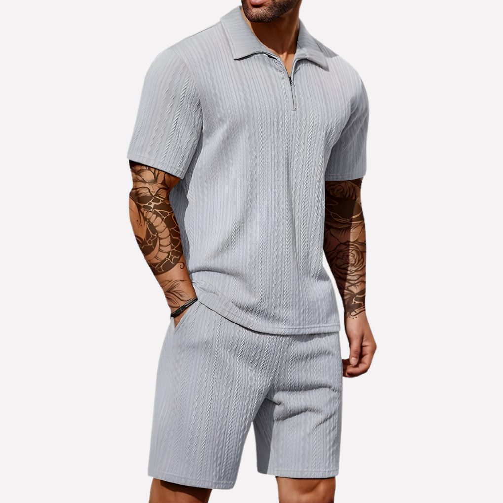 Wouter | Men's Ribbed Knit Half-Zip Polo Shirt and Shorts Set