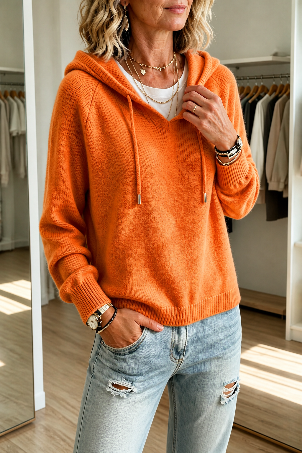 Iris | Women's Ribbed Knit Hooded Pullover with Drawstring Hood