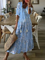 Melina | Women's Geometric Print A-Line Midi Dress with Lantern Sleeves