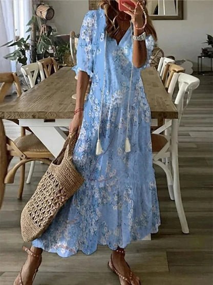 Melina | Women's Geometric Print A-Line Midi Dress with Lantern Sleeves