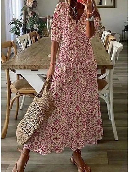 Melina | Women's Geometric Print A-Line Midi Dress with Lantern Sleeves