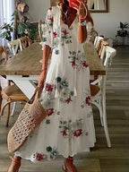 Melina | Women's Geometric Print A-Line Midi Dress with Lantern Sleeves