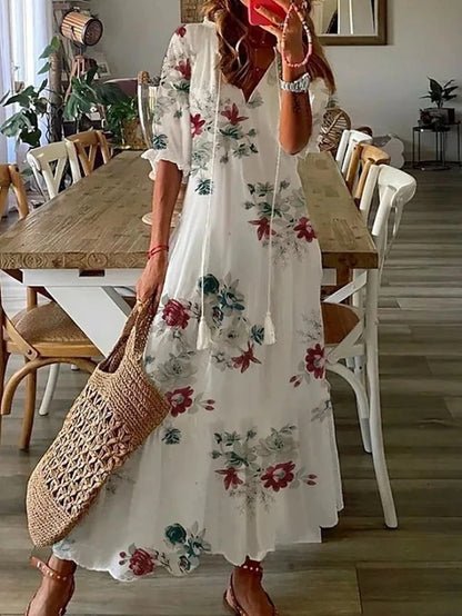 Melina | Women's Geometric Print A-Line Midi Dress with Lantern Sleeves