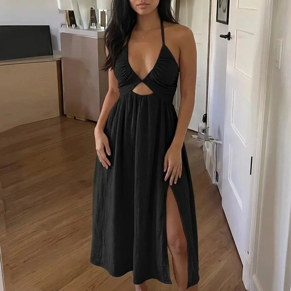 Leila | Women's Halter V-Neck Cutout Maxi Dress with Slit