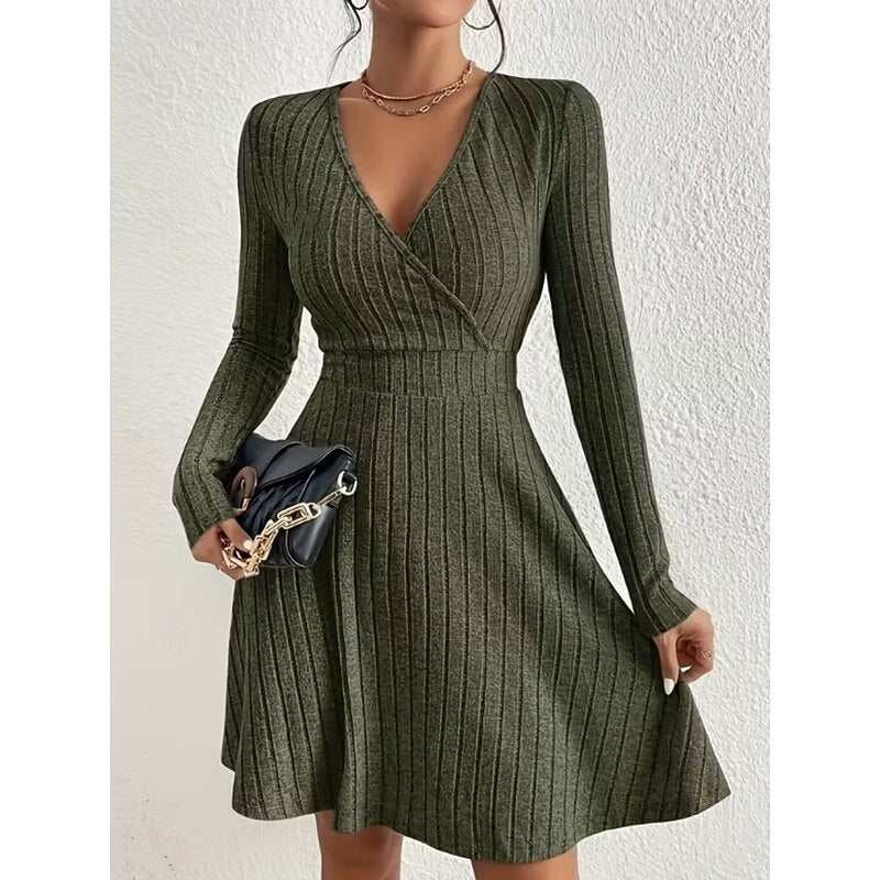 Daniela | Women's Ribbed Knit A-Line Dress with V-Neck