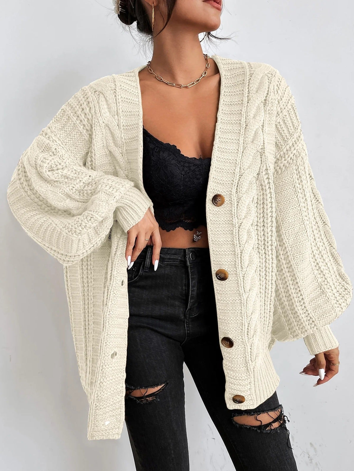 Sabine | Women's Oversized Cable Knit Cardigan with Button Front