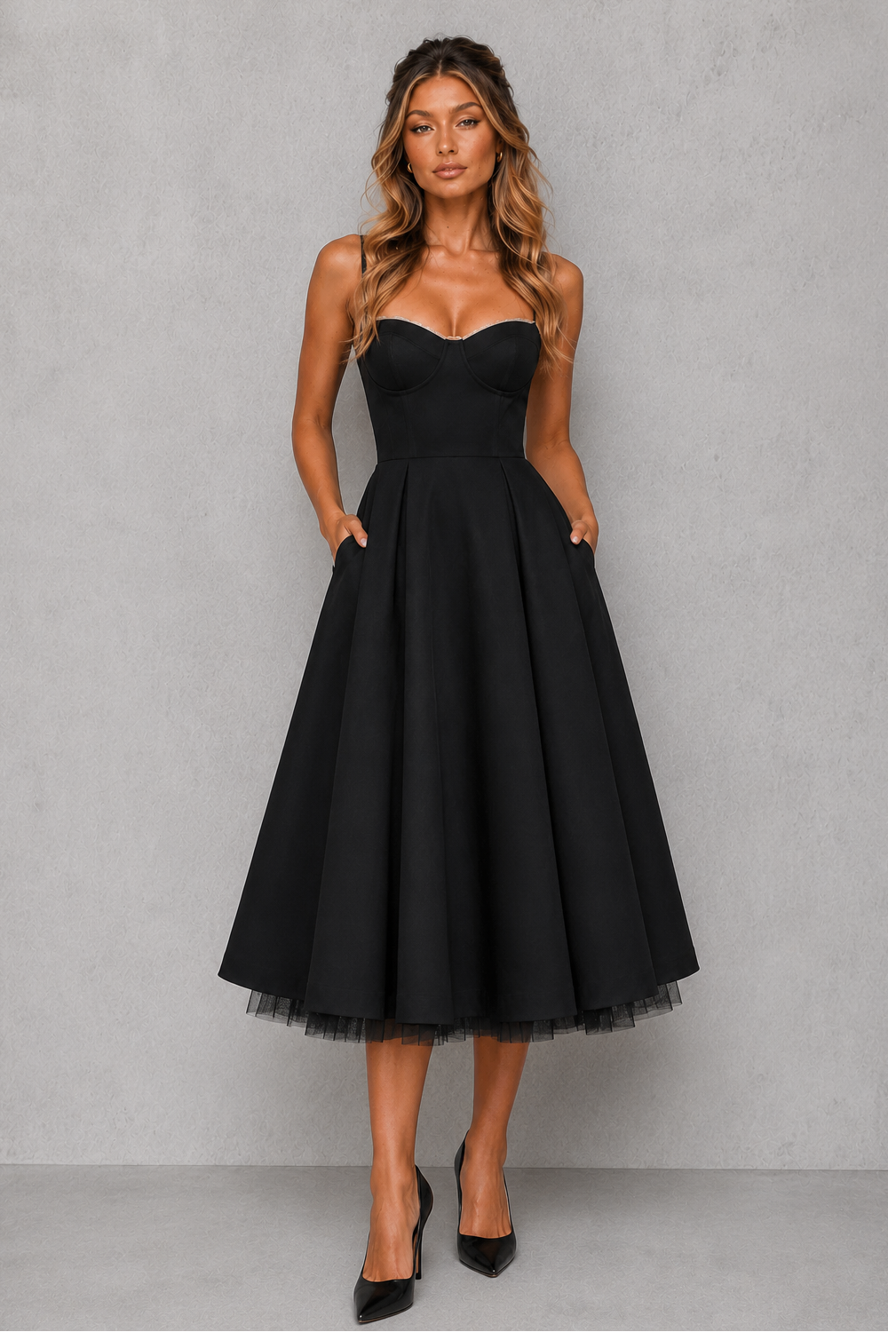 Daphnee | Women's Corset Midi Dress with Sweetheart Neckline