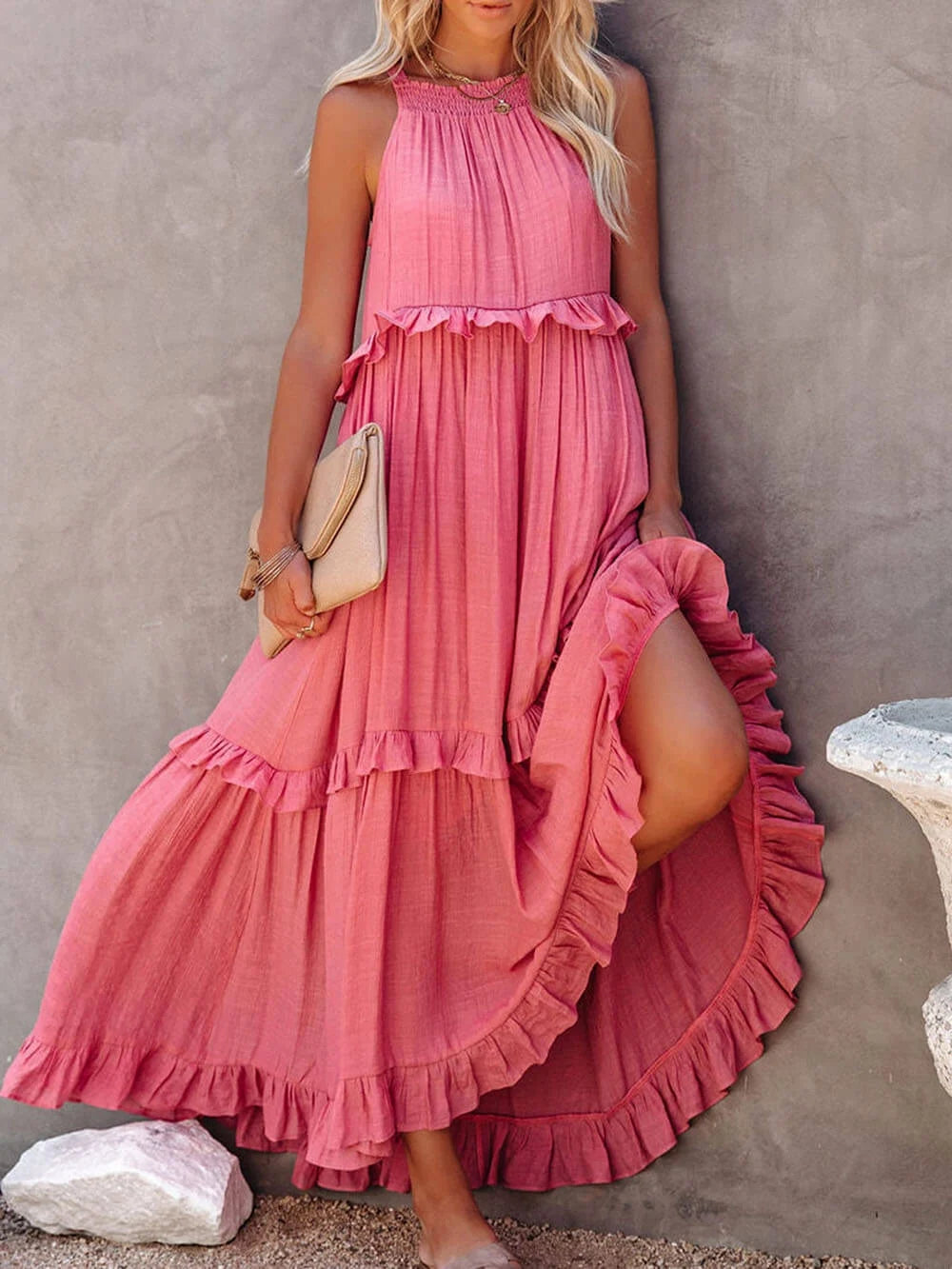 Jolien | Women's Ruffled Tiered Halter Maxi Dress