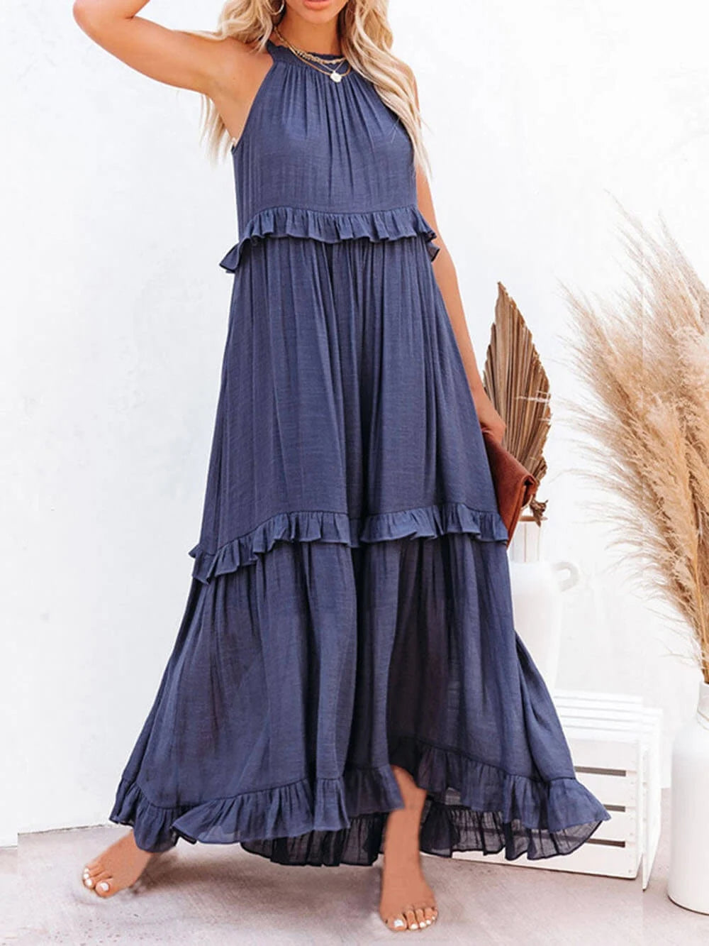 Jolien | Women's Ruffled Tiered Halter Maxi Dress
