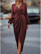 Wendy | Women's Wrap Front Midi Dress with Puff Sleeve