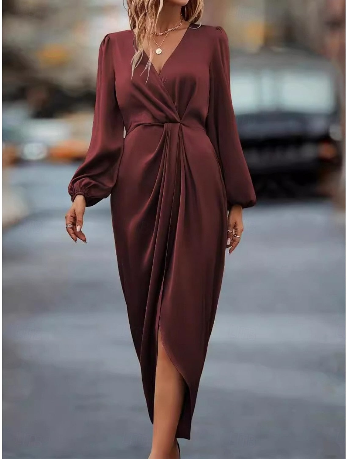 Wendy | Women's Wrap Front Midi Dress with Puff Sleeve