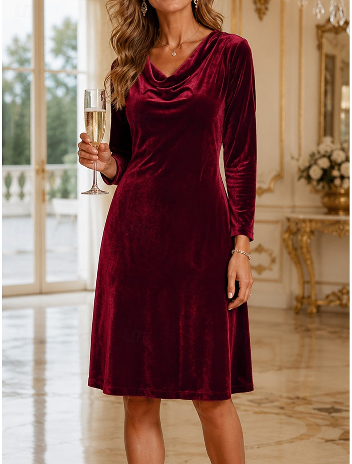 Sophie | Women's Cowl Neck Velvet Cocktail Dress Midi