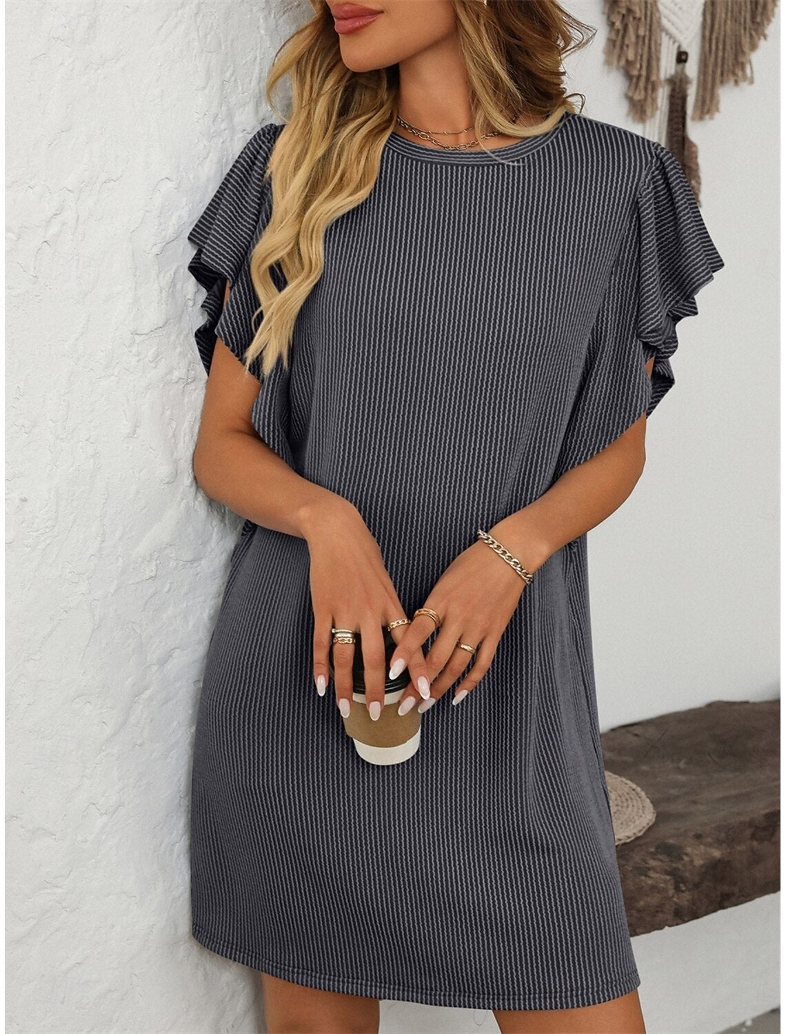 Ruby | Women's Striped A-Line Dress Ruffle Sleeve