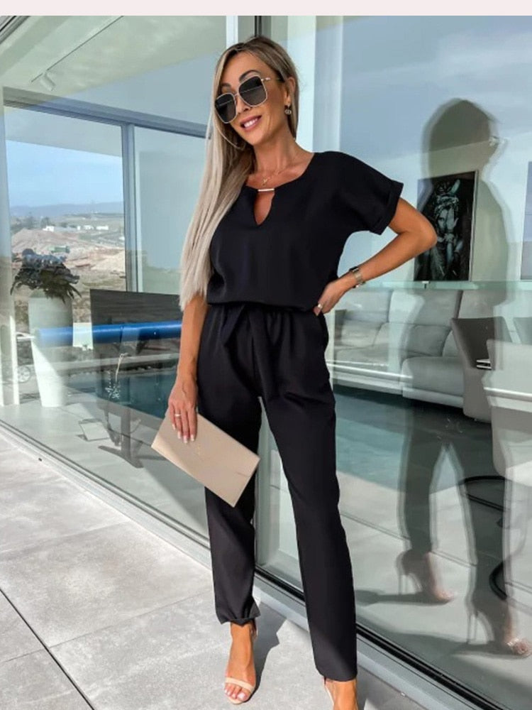 Lina | Women's V-Neck Tie-Waist Wide-Leg Jumpsuit